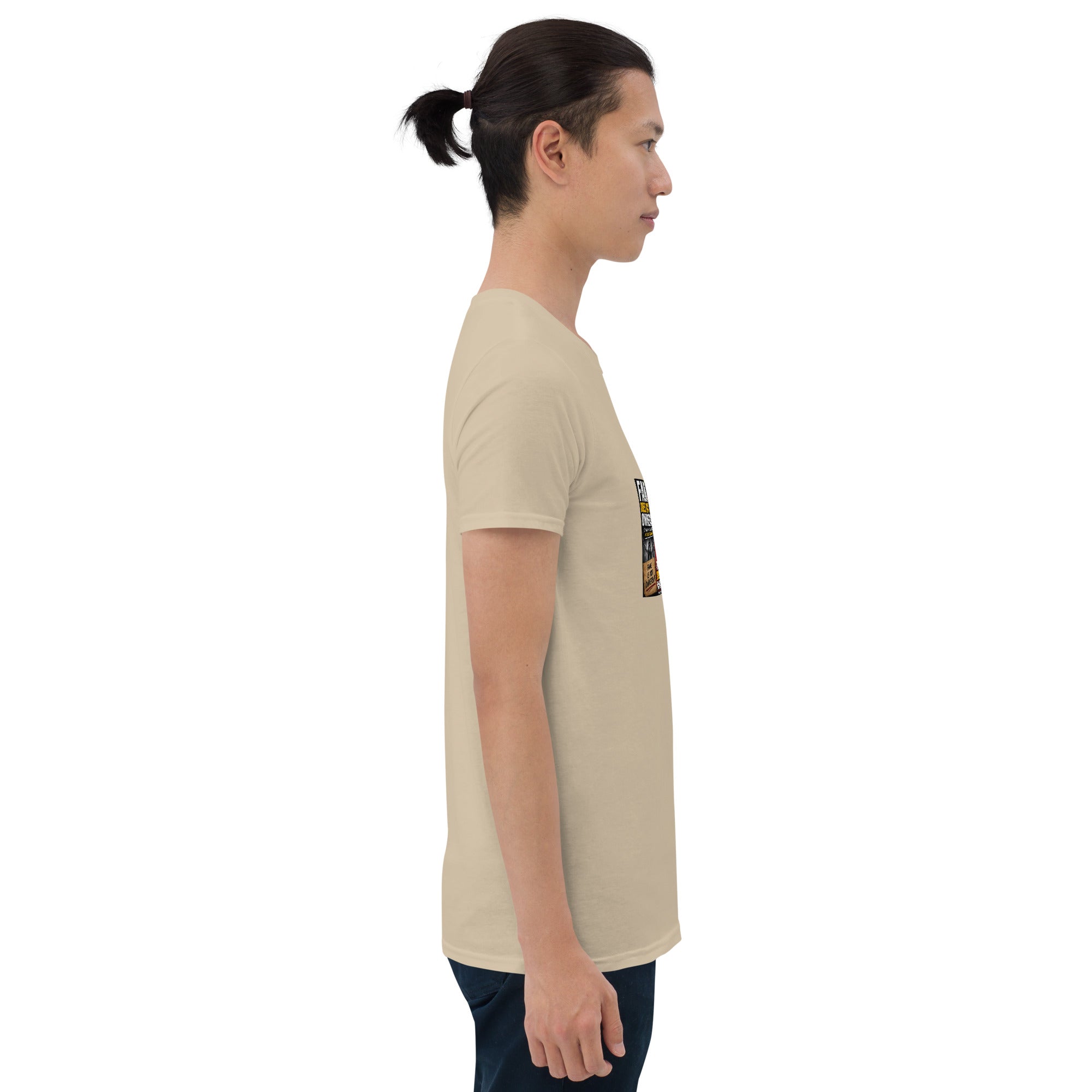 Unisex short-sleeve t-shirt, tan, side view, graphic on sleeve