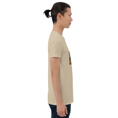 Unisex short-sleeve t-shirt, tan, side view, graphic on sleeve