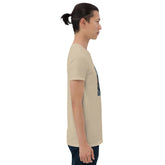 MIS Apparel sand graphic tee, side view, straight hem and short sleeves