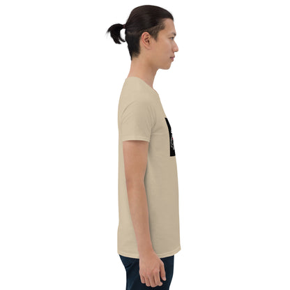 Beige unisex T-shirt side view with partial black chest graphic.