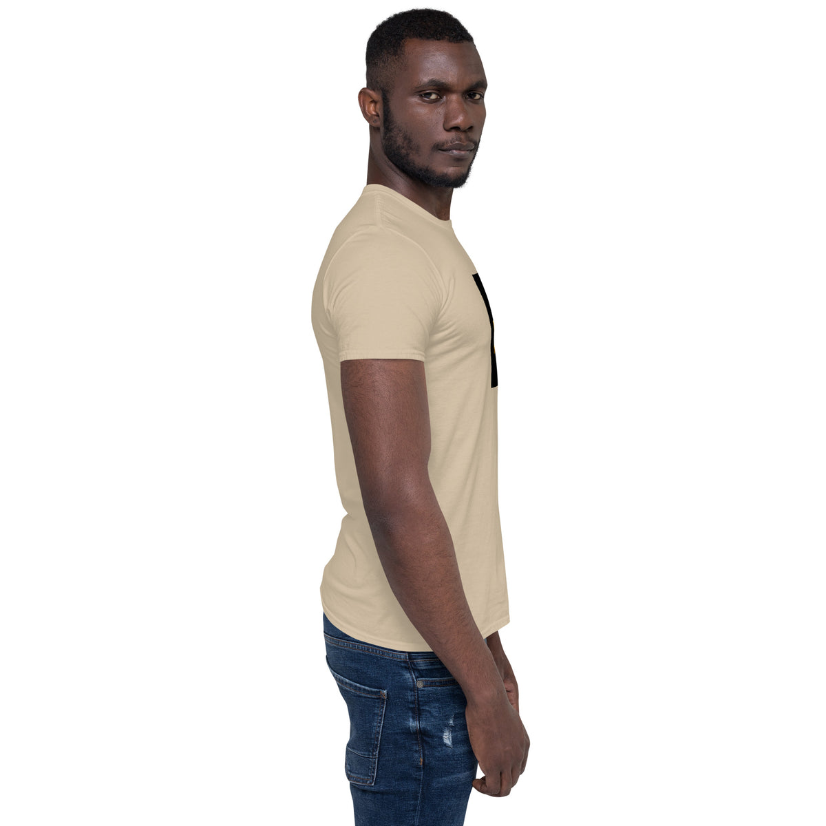 Sand unisex short-sleeve T-shirt with front graphic print, side view