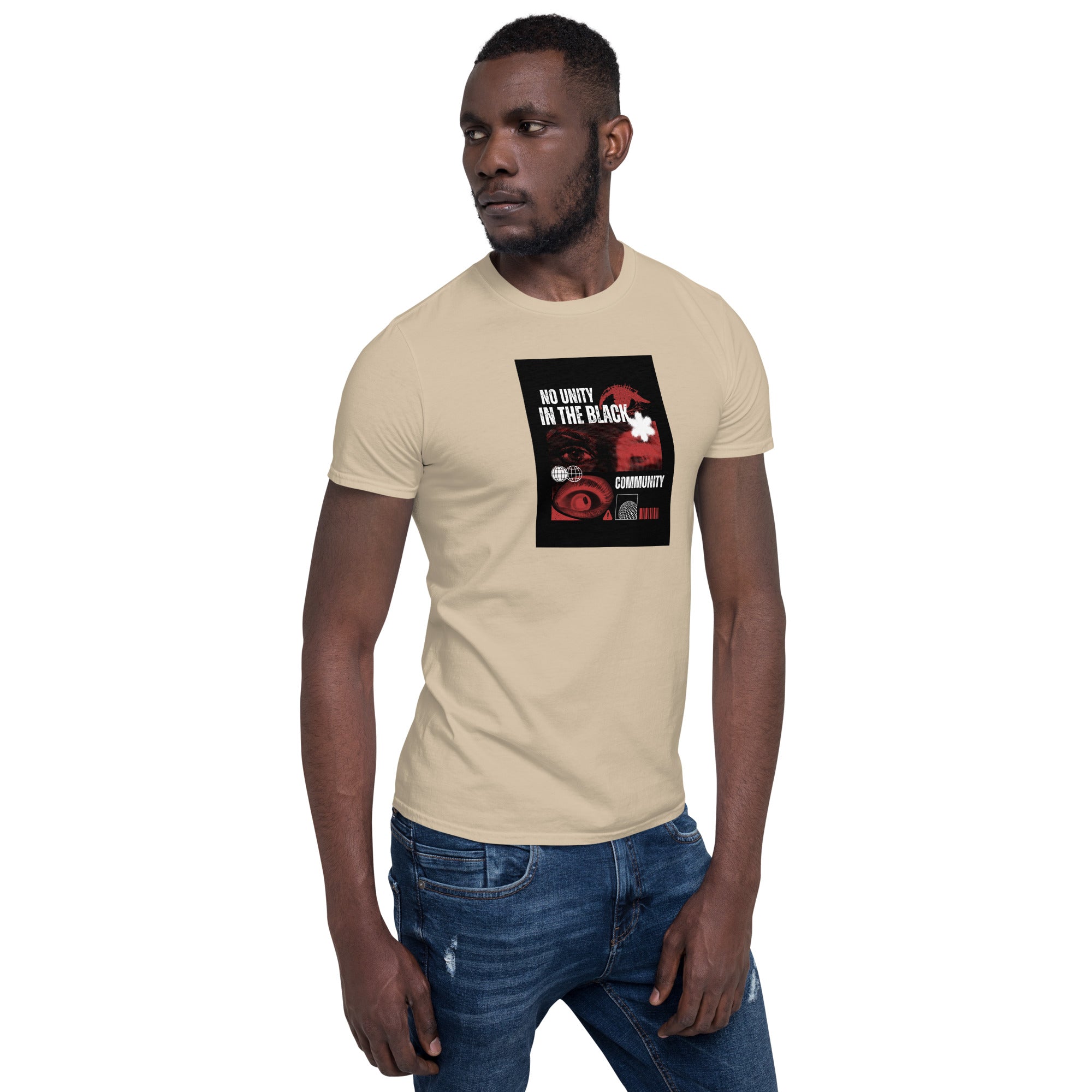 Unisex T-Shirt, sand/beige front view with black square graphic on chest