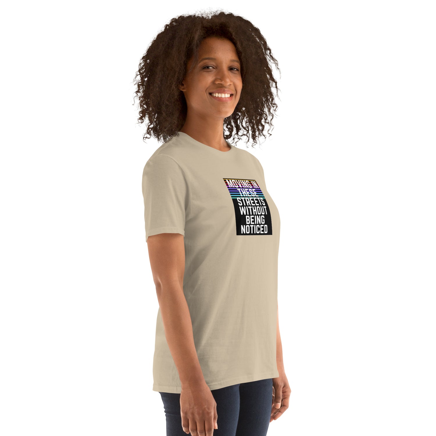 Sand unisex short-sleeve T-shirt front-right view with black square text graphic