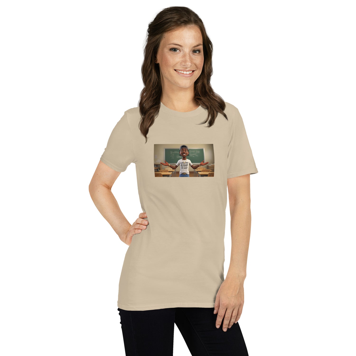 Beiges Unisex-T-Shirt mit Frontfoto-Print von Move In Silence