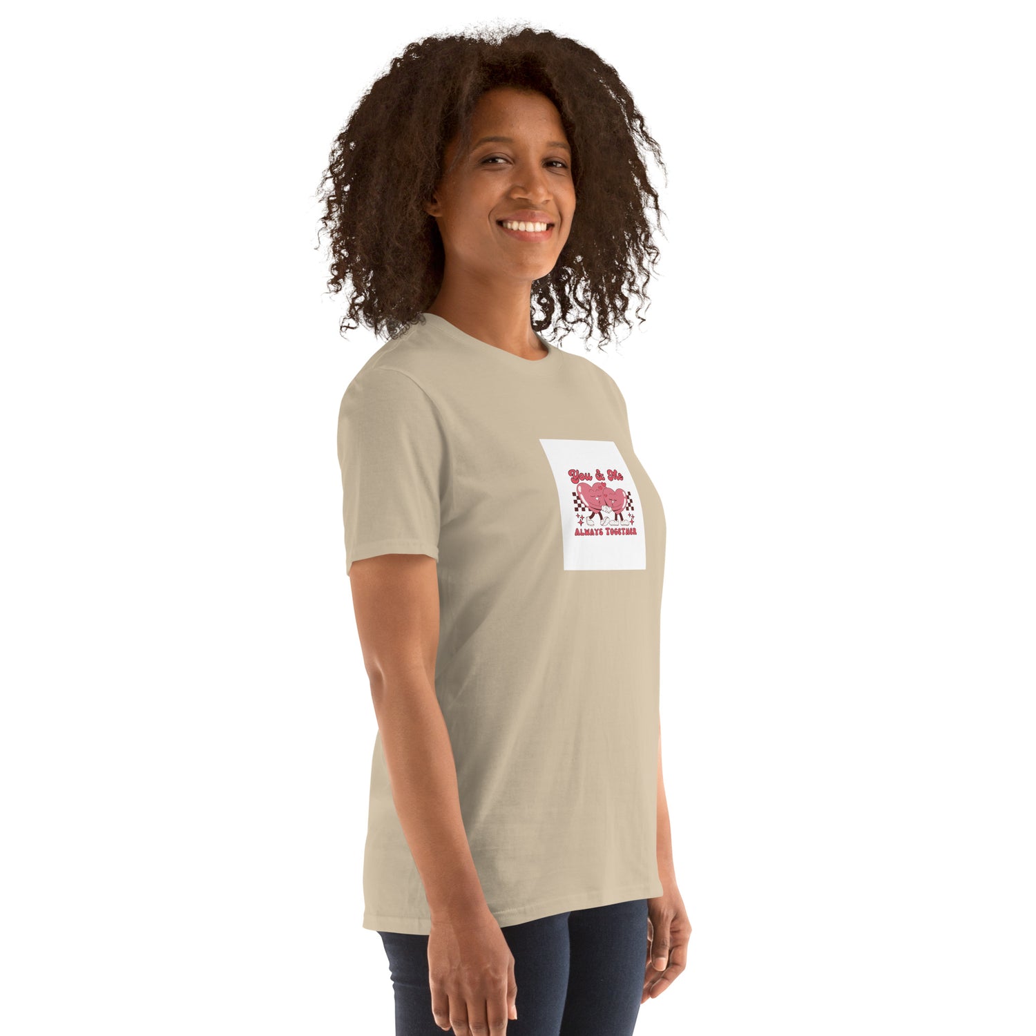 Unisex short-sleeve T-shirt sand/khaki front side view with heart graphic on chest