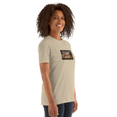 Light tan T-shirt with square graphic on chest, short-sleeve crew neck