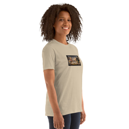 Light beige T-shirt front with square street graphic; crew neck and short sleeves.