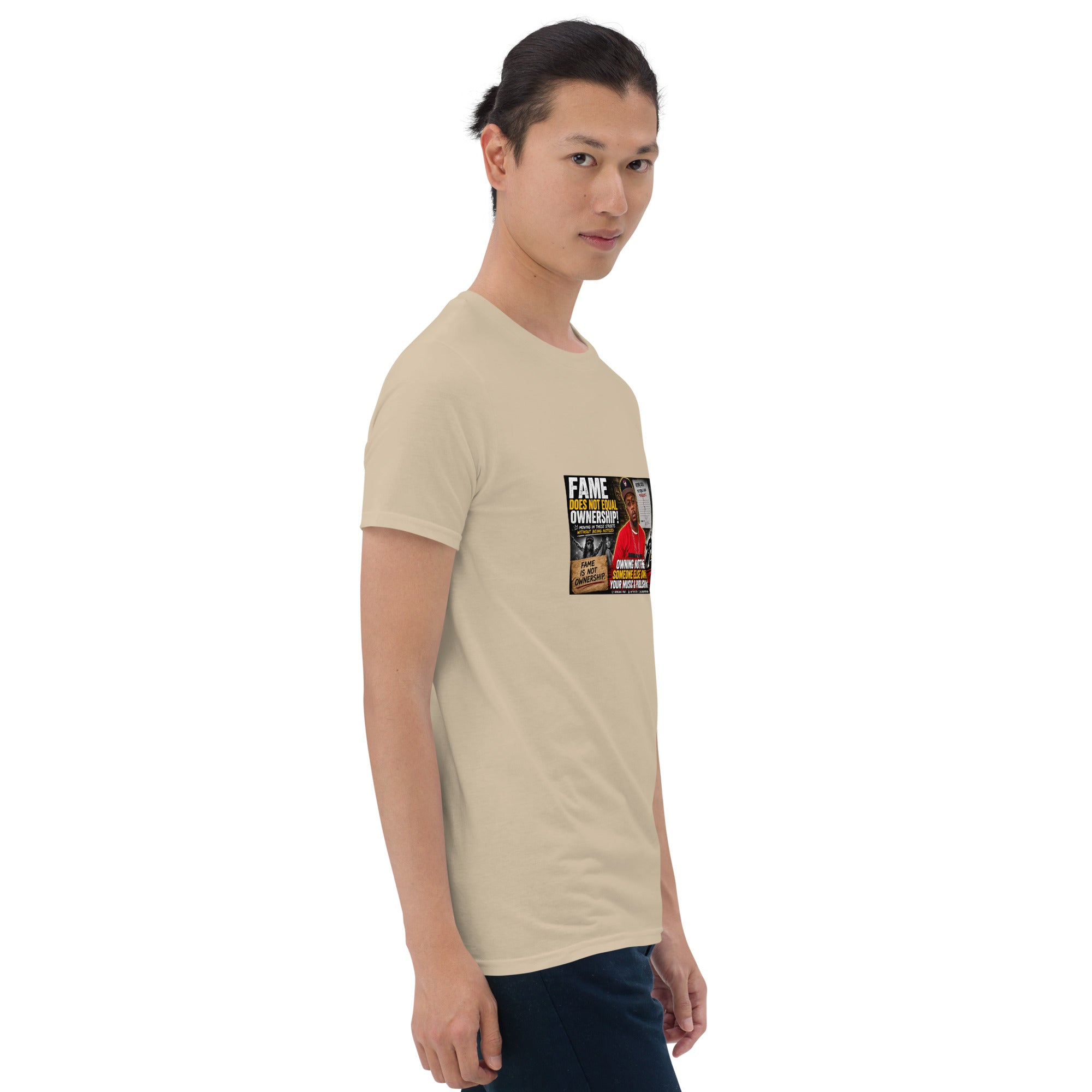 Unisex short-sleeve t-shirt, tan, front view, square chest artwork