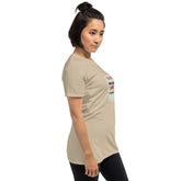 Beige unisex graphic T-shirt with side graphic patch on sleeve