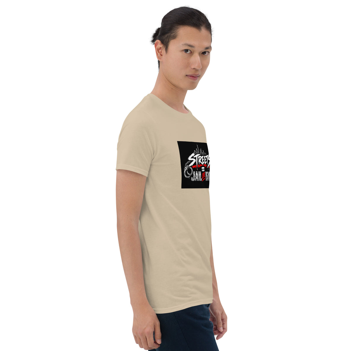 Beige unisex graphic T-shirt front view with black square &