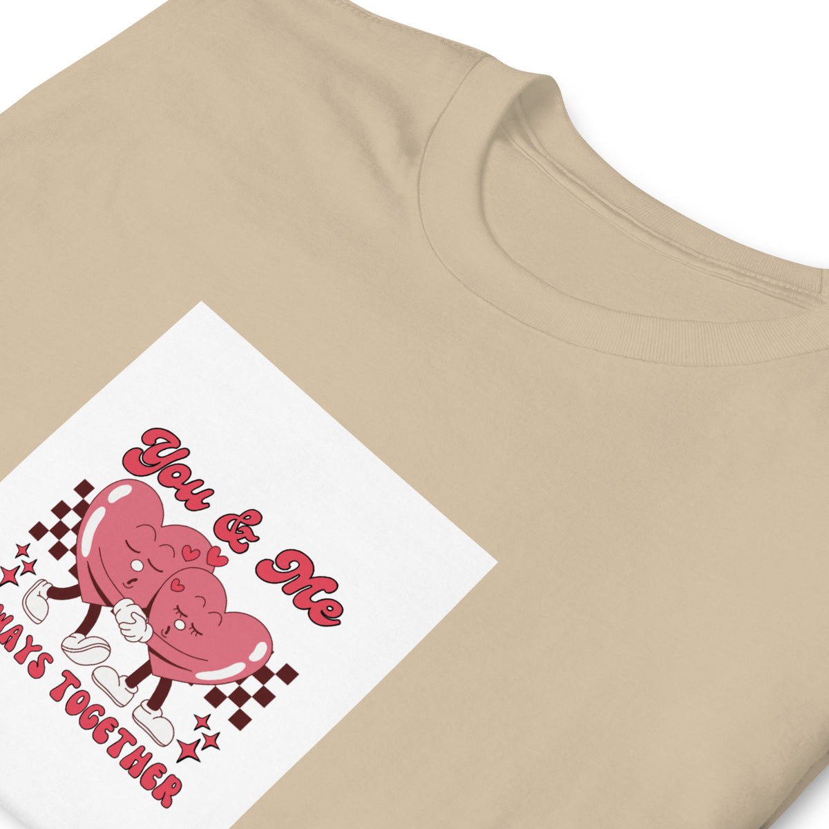Sand graphic tee with pink “You &amp; Me” couple on white diamond patch