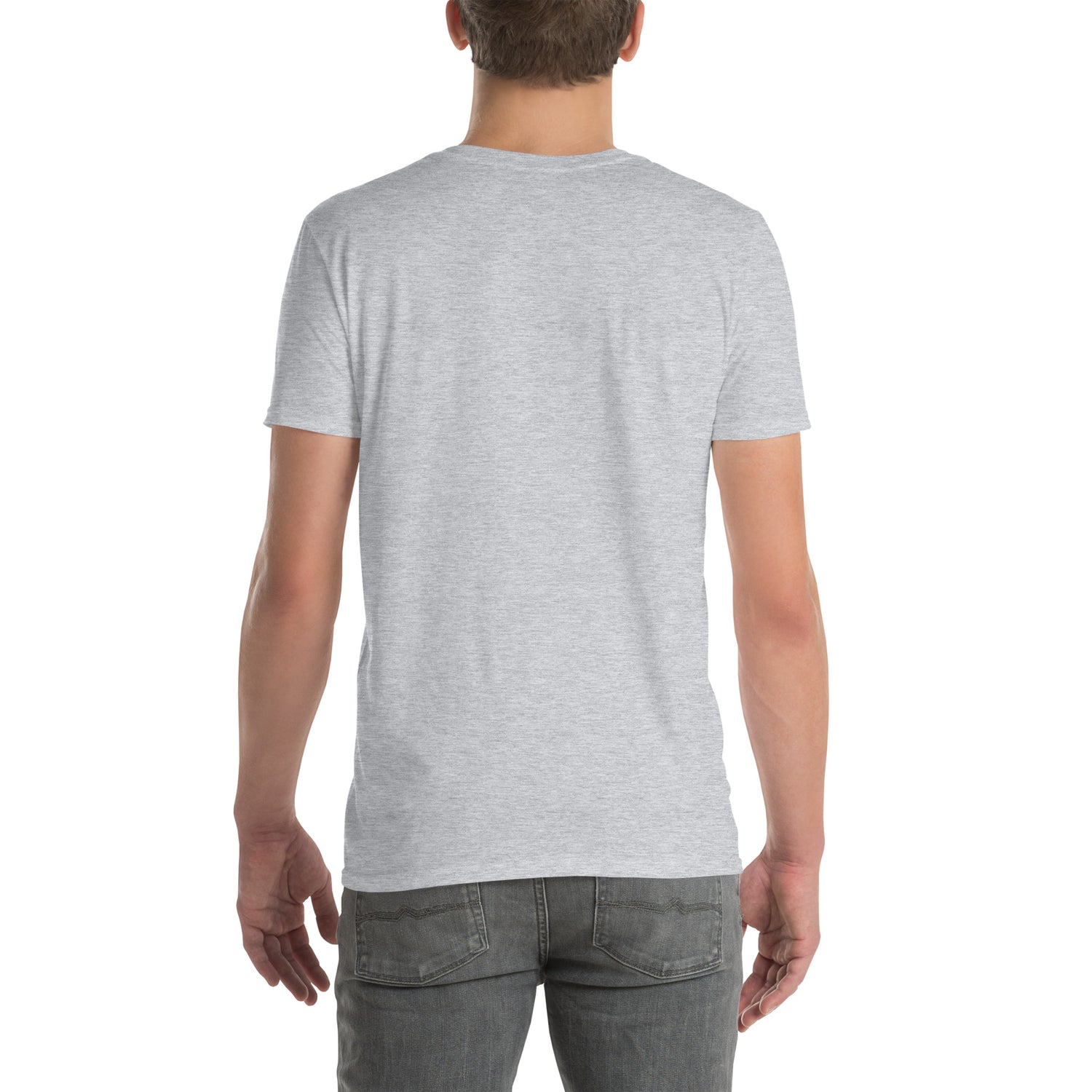 Unisex short-sleeve T-shirt, heather gray—back view