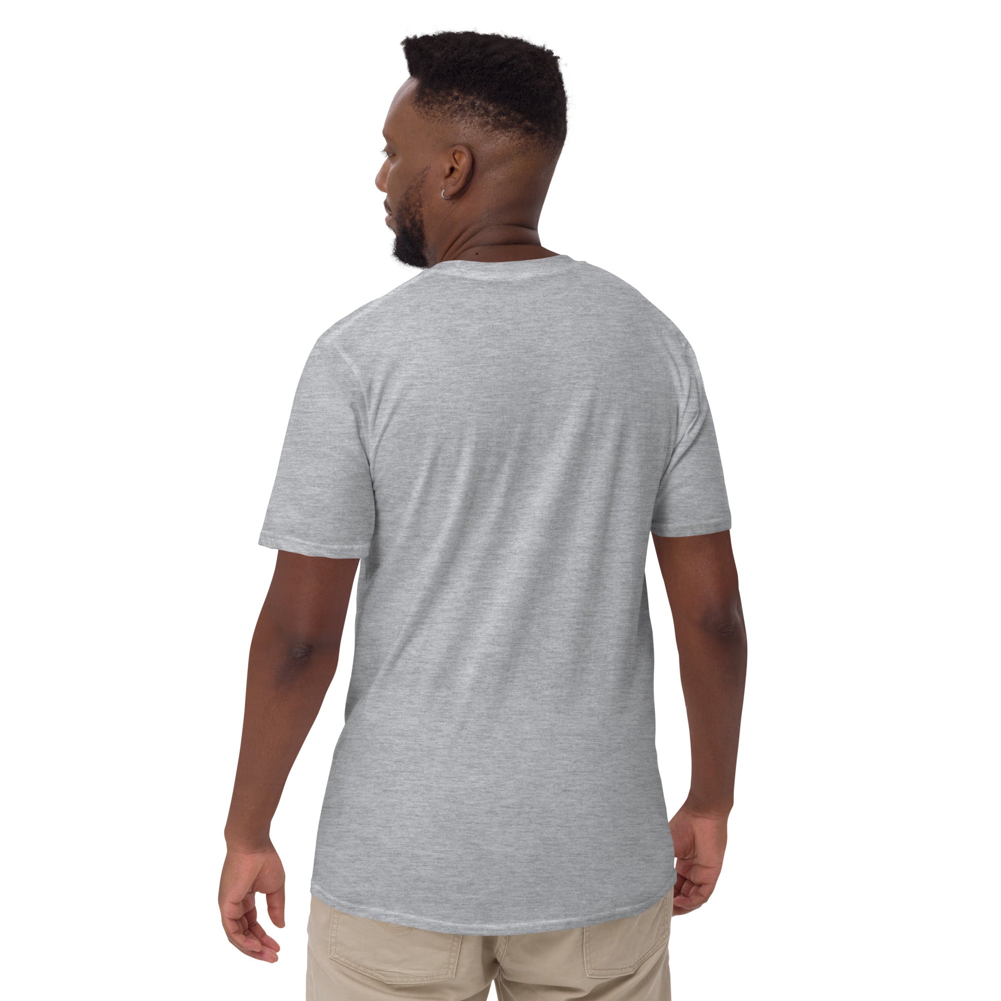 Heather gray unisex T-shirt, back view with crew neck and short sleeves