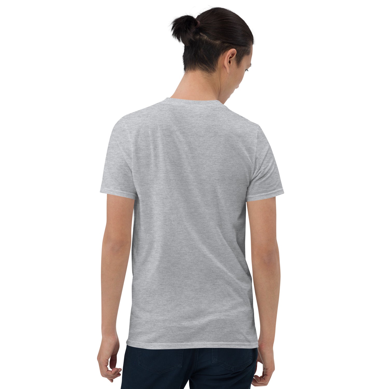 Heather gray unisex short-sleeve T-shirt, back view with no visible front print.