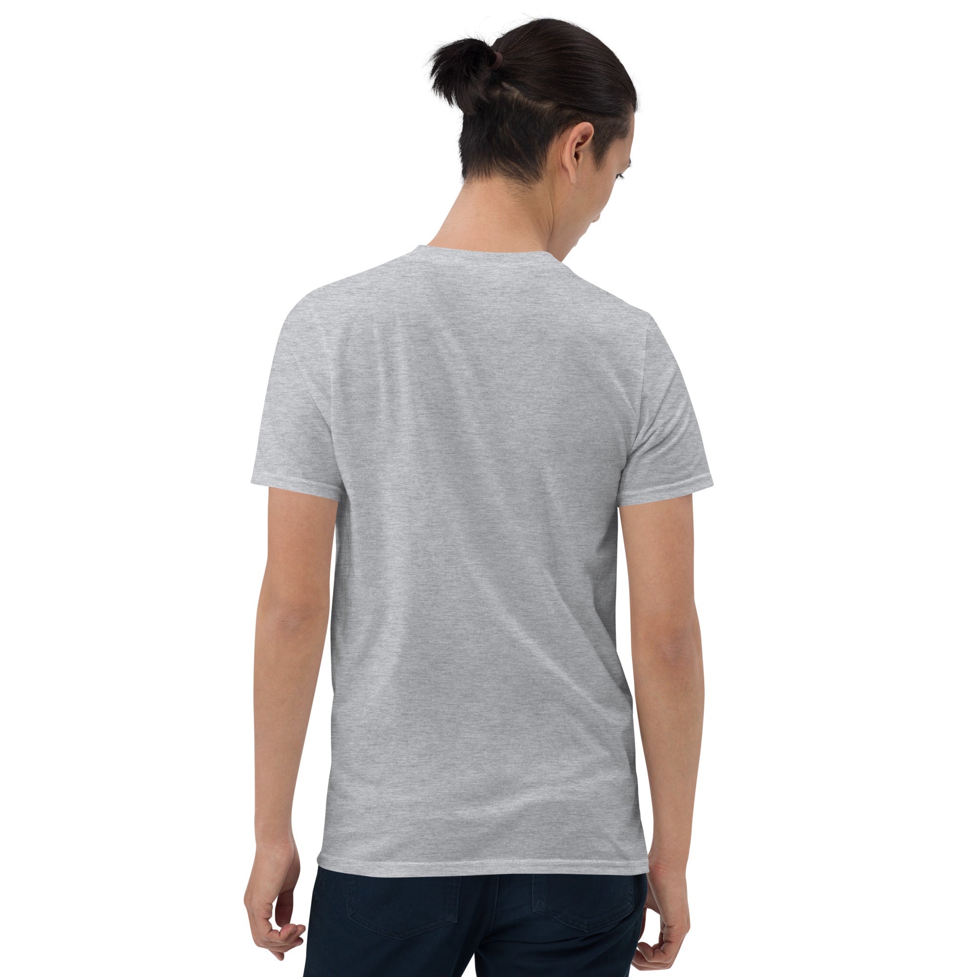 Heather gray unisex short-sleeve T-shirt, back view with no visible front print.