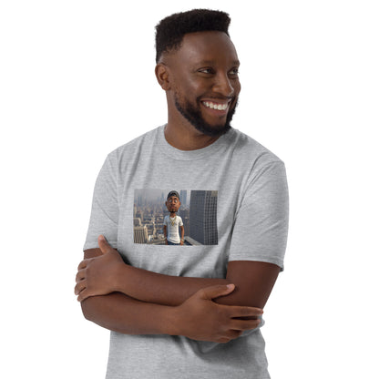 Unisex short-sleeve T-shirt in Sport Grey, front view with graphic print