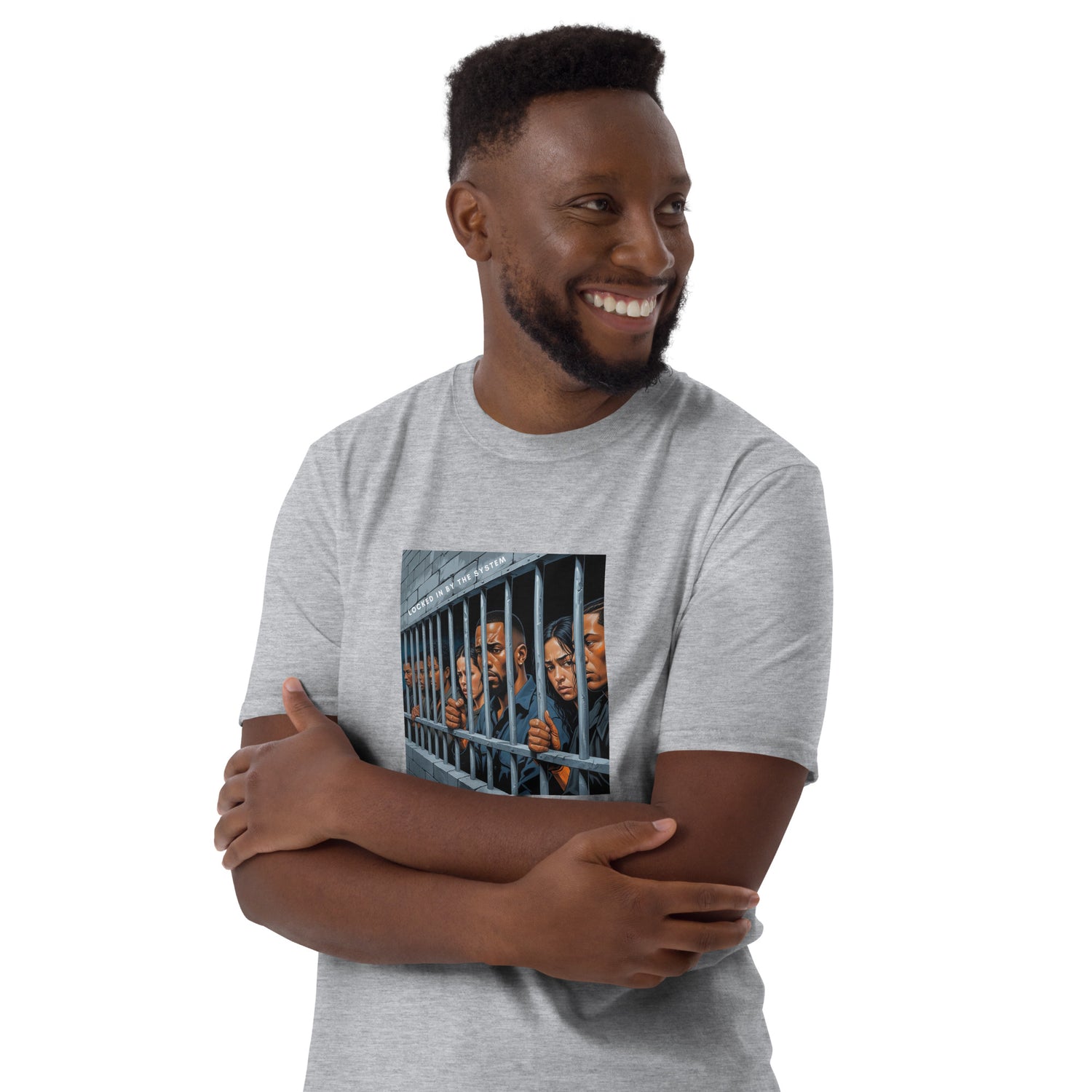 Sport grey short-sleeve unisex T-shirt with front bar graphic print, close-up