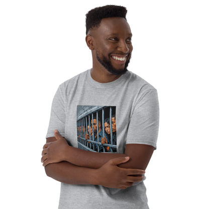 Sport grey short-sleeve unisex T-shirt with front bar graphic print, close-up