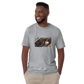 Heather gray unisex short-sleeve T-shirt with centered rectangular photo-style graphic