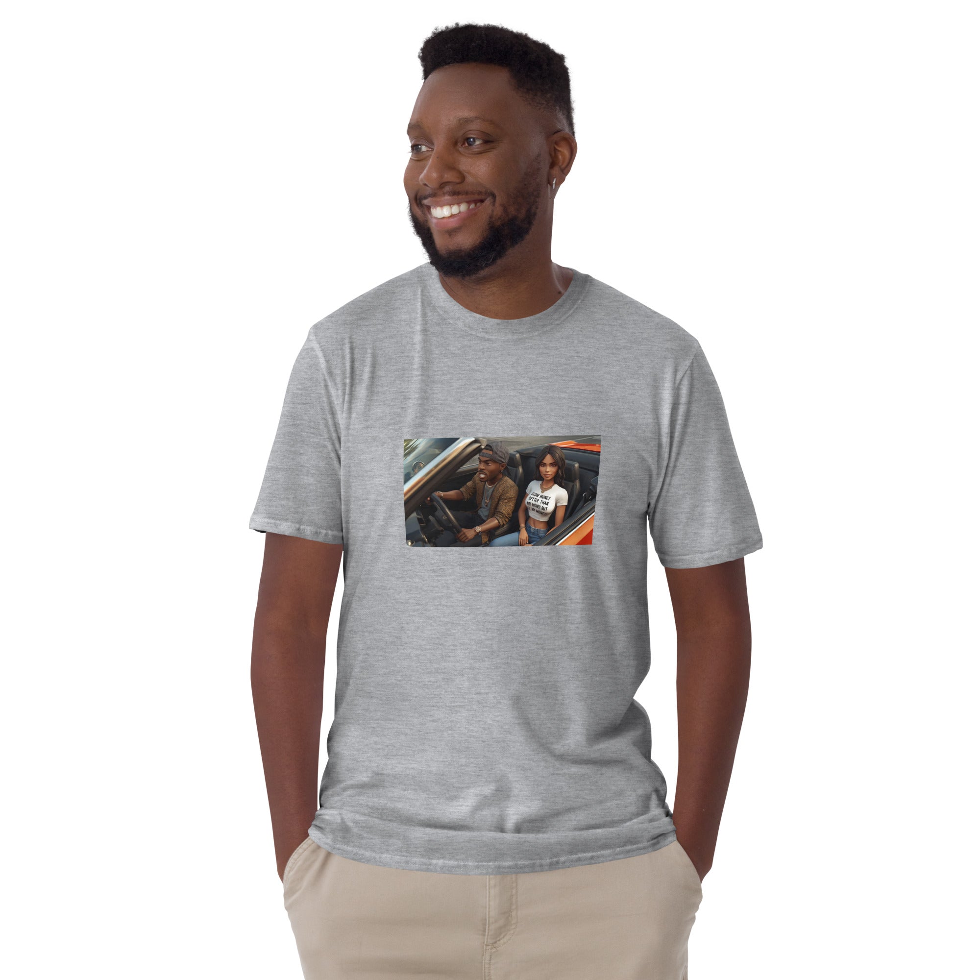 Heather grey unisex short-sleeve T-shirt with chest photo graphic and crew neck