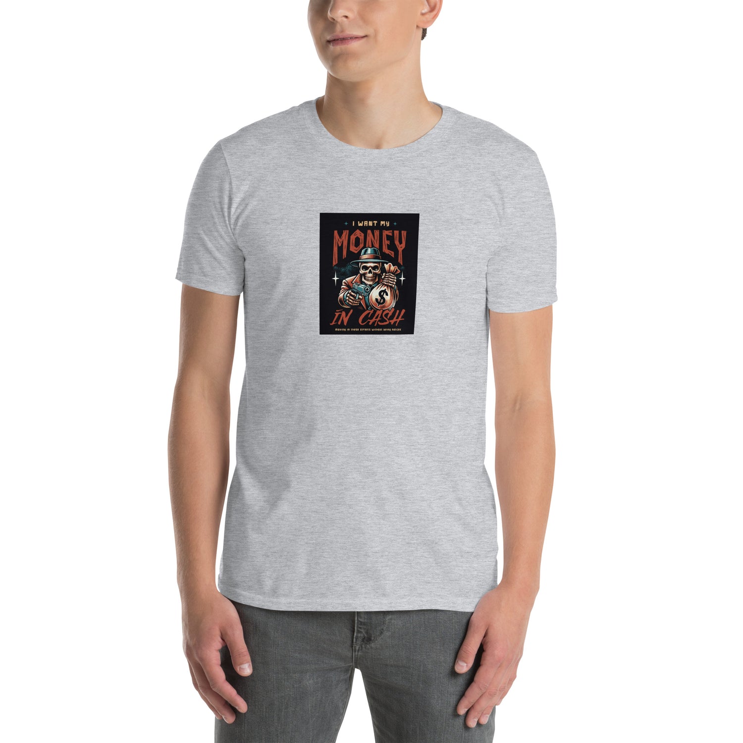 Unisex short-sleeve T-shirt, heather gray—front square money graphic