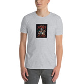 Heather gray unisex short-sleeve T-shirt, front view, square chest graphic print