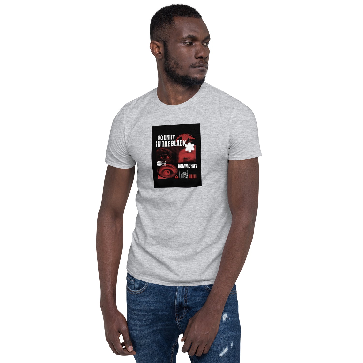 Unisex short-sleeve T-shirt, heather gray, black square chest graphic