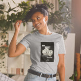 Unisex short-sleeve T-shirt in heather gray with black square money graphic on chest