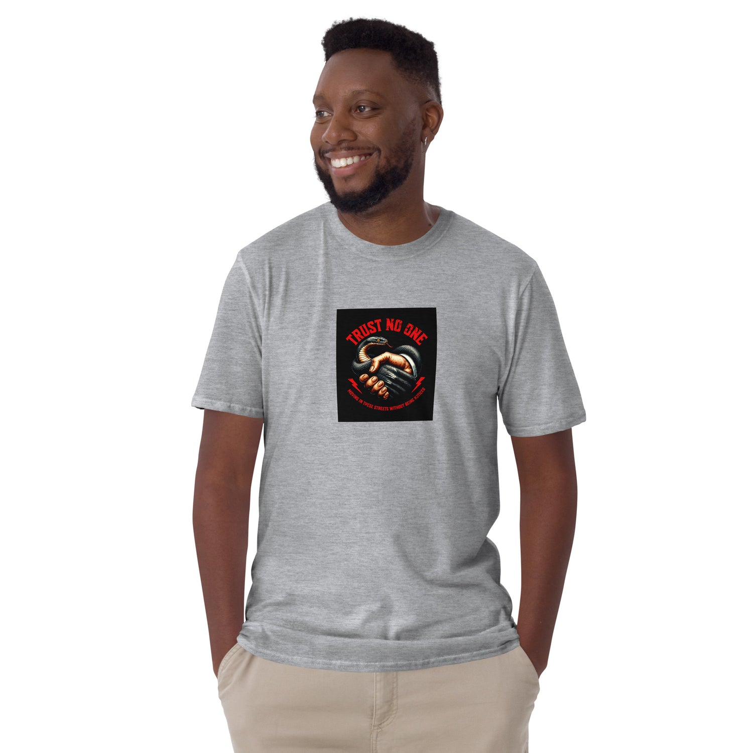 Heather gray unisex T-shirt with front square “Trust No One” graphic print