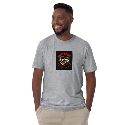 Heather gray unisex T-shirt with front square “Trust No One” graphic print