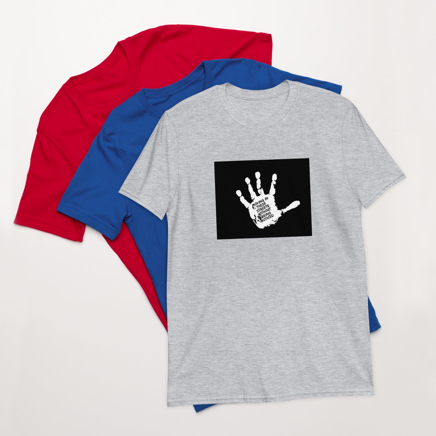 Unisex T-shirt, sport grey, front handprint graphic in black box