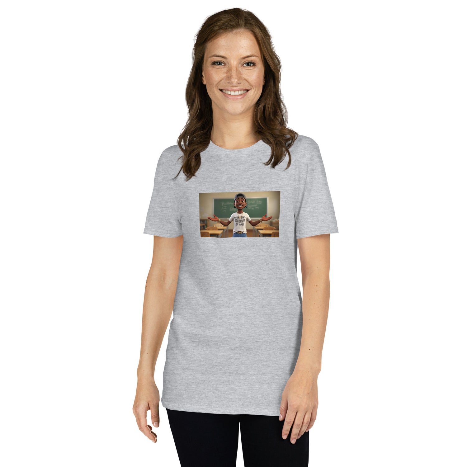 Sport grey unisex short-sleeve T-shirt with front photo graphic