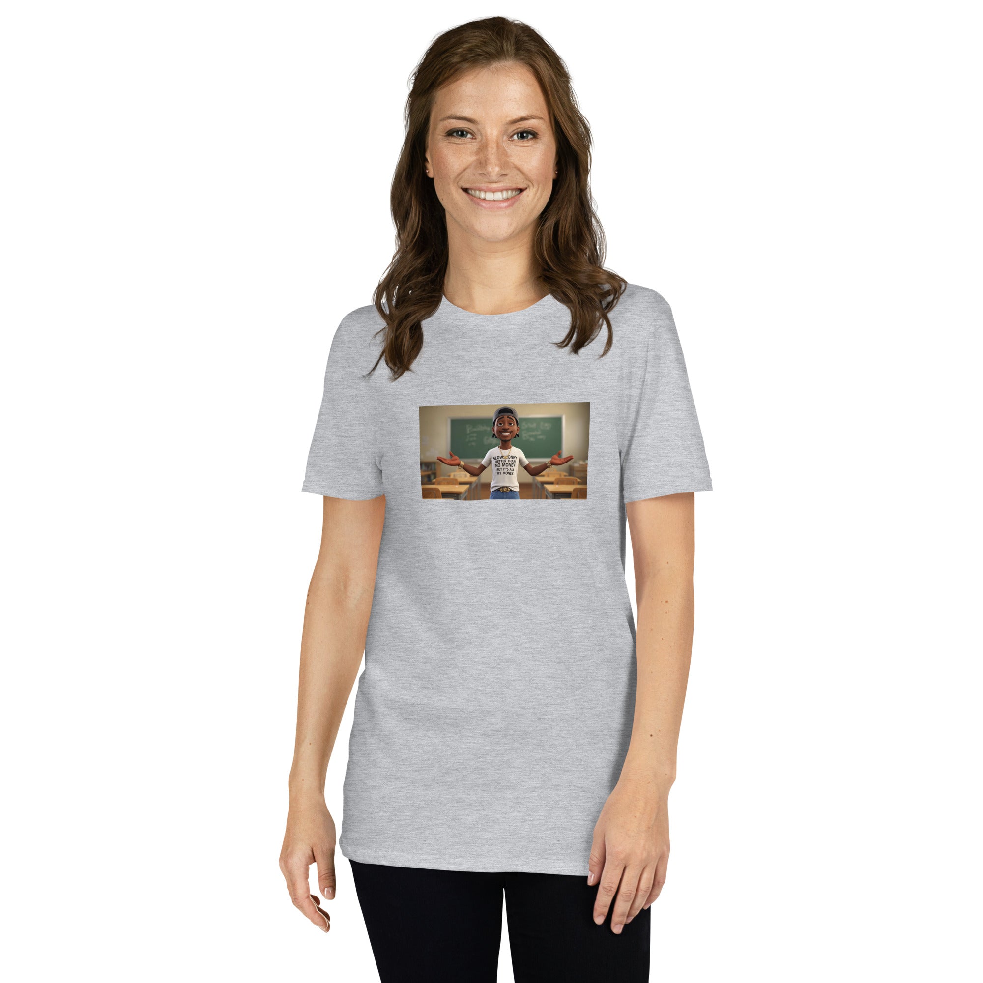 Sport grey unisex short-sleeve T-shirt with front photo graphic