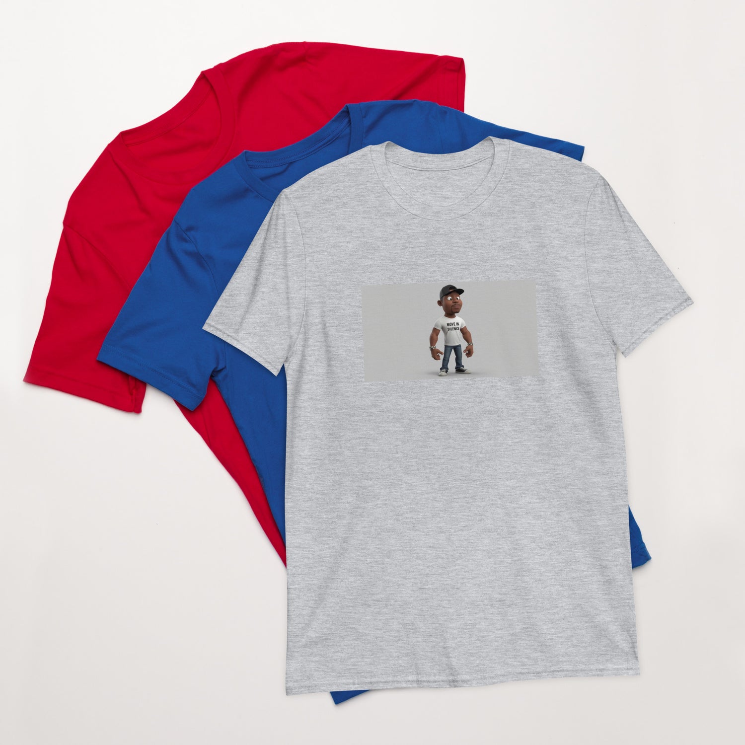 Heather Red short-sleeve unisex T-shirt in Sport Grey, front graphic print