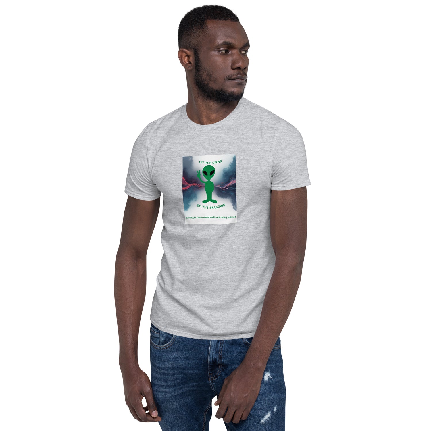 Let The Grind Do The Bragging T-Shirt, meliert grau, Front-Print im Quadrat