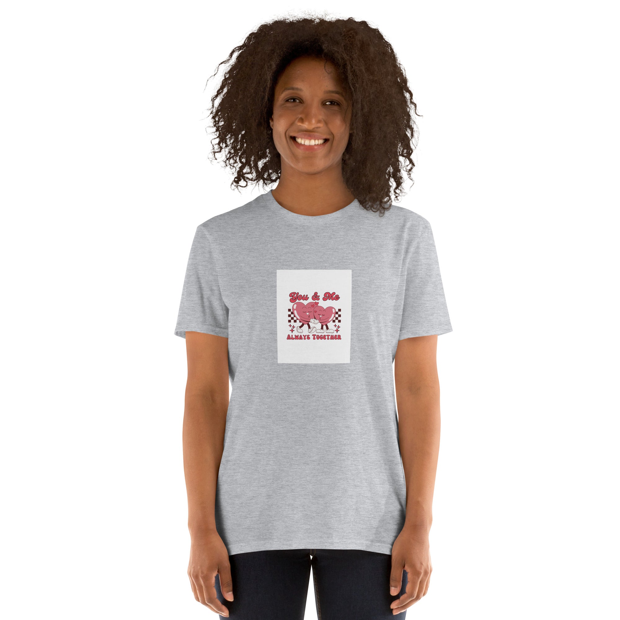Sport Grey unisex short-sleeve T-shirt with heart graphic on chest.