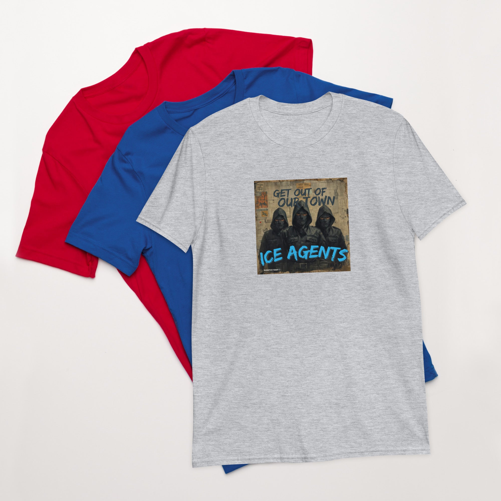 Unisex short-sleeve T-shirt, heather grey with front graphic text “ICE AGENTS”.