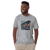 Heather grey unisex short-sleeve T-shirt with front graphic panel print