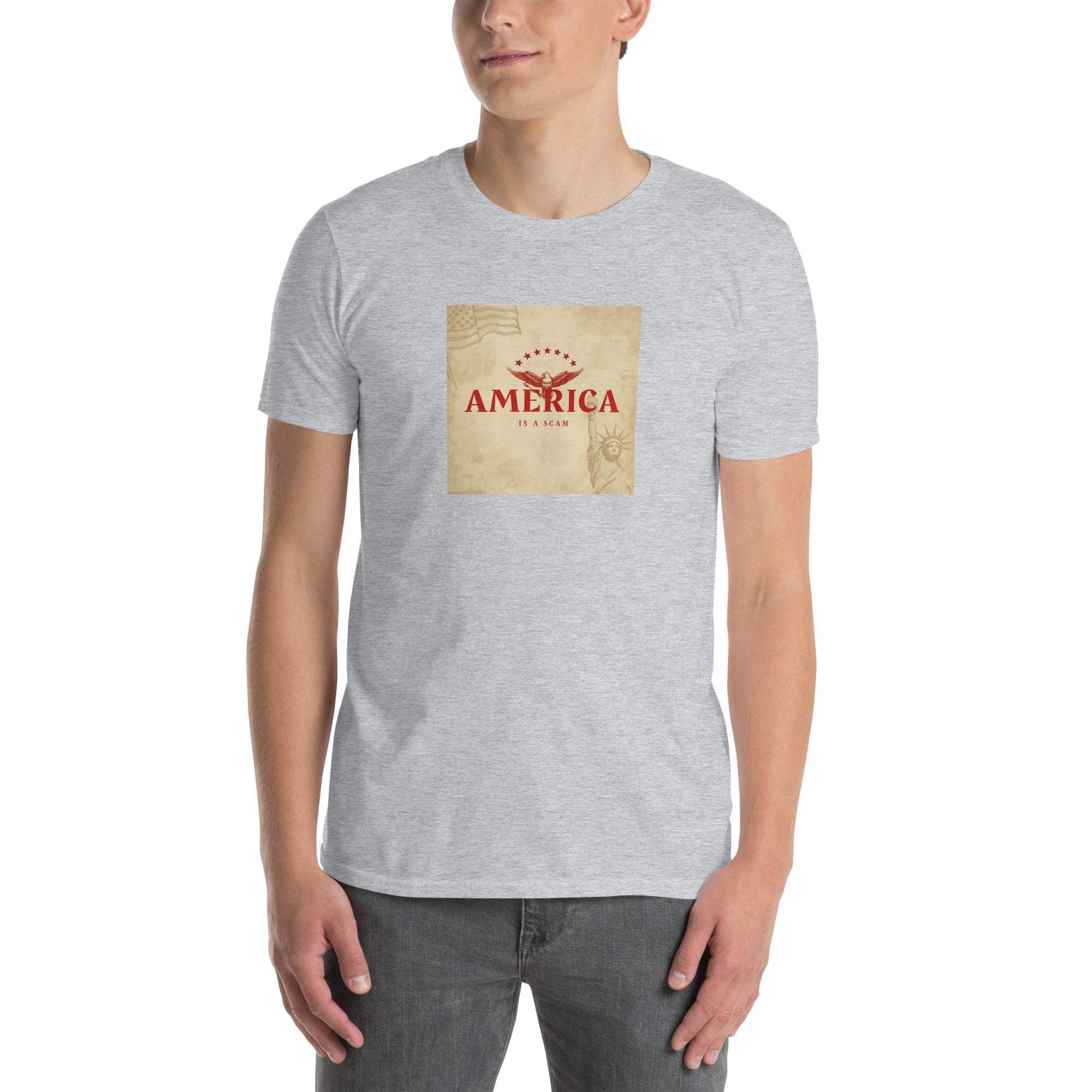 America Is A Scam unisex T-shirt heather grey mit Frontgrafik