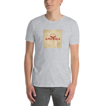 America Is A Scam unisex T-shirt heather grey mit Frontgrafik