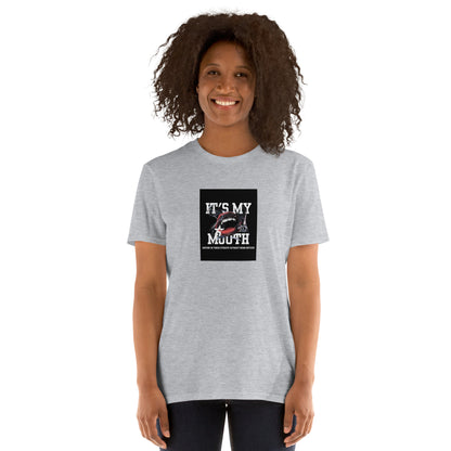 Unisex T-Shirt grau meliert mit „IT’S MY MOUTH“-Aufdruck auf der Brust