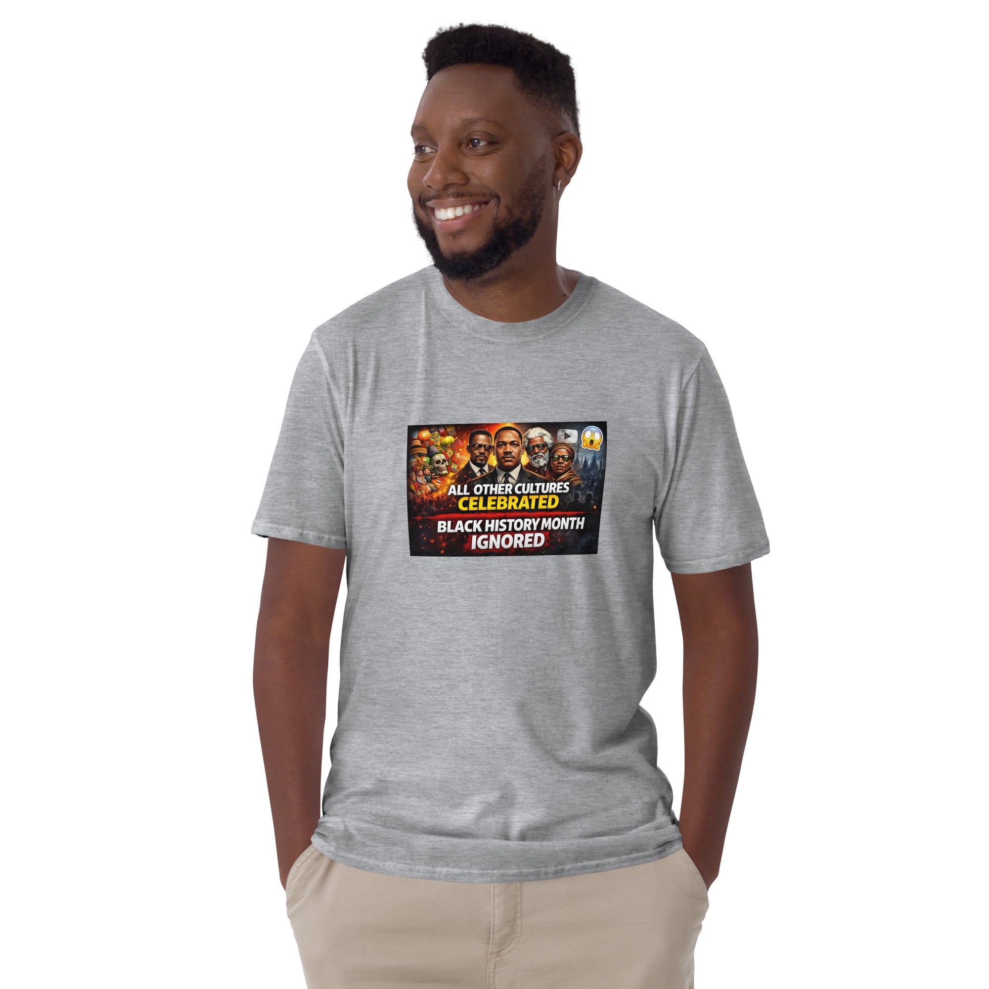 Heather gray unisex T-shirt with front graphic for Black History Month