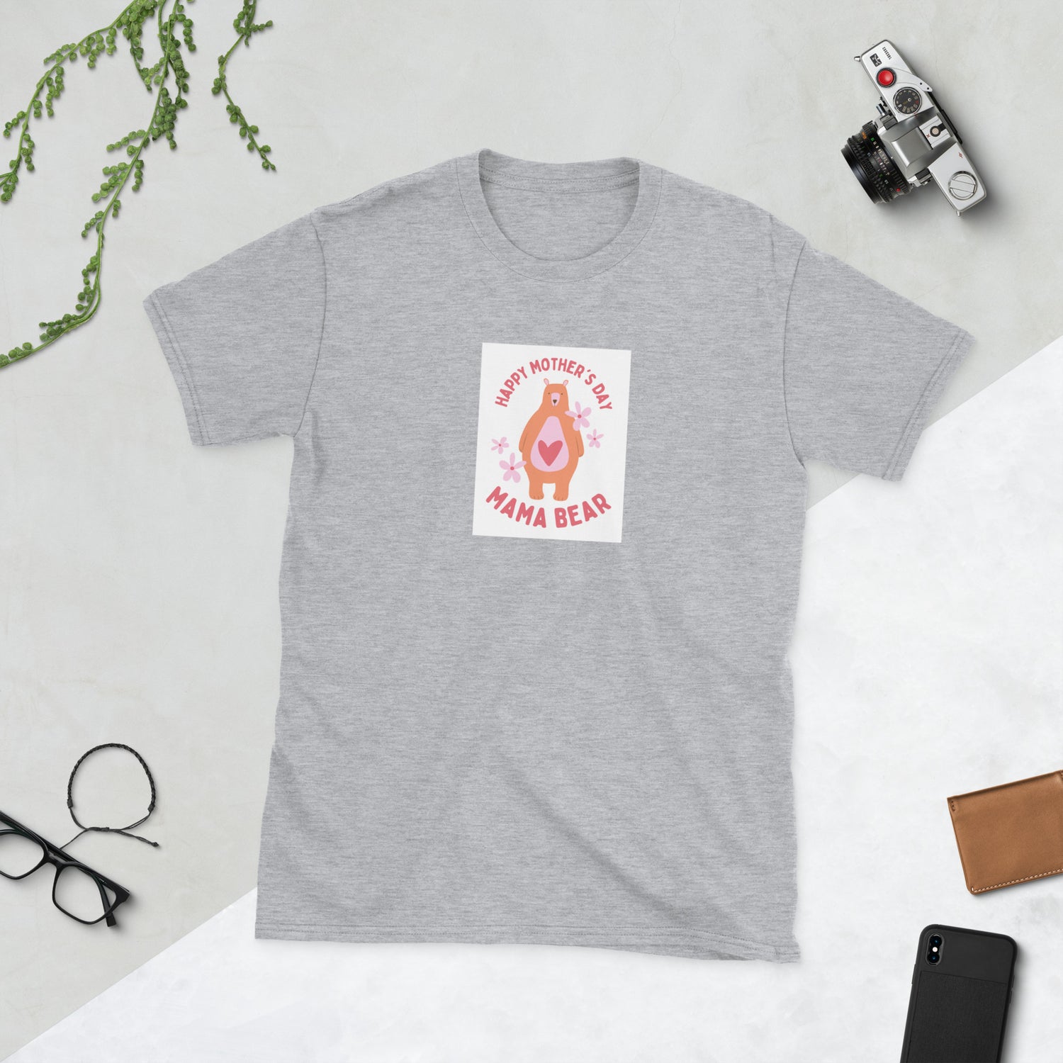 Heather gray unisex short-sleeve T-shirt with “Happy Mother’s Day” Mama Bear graphic