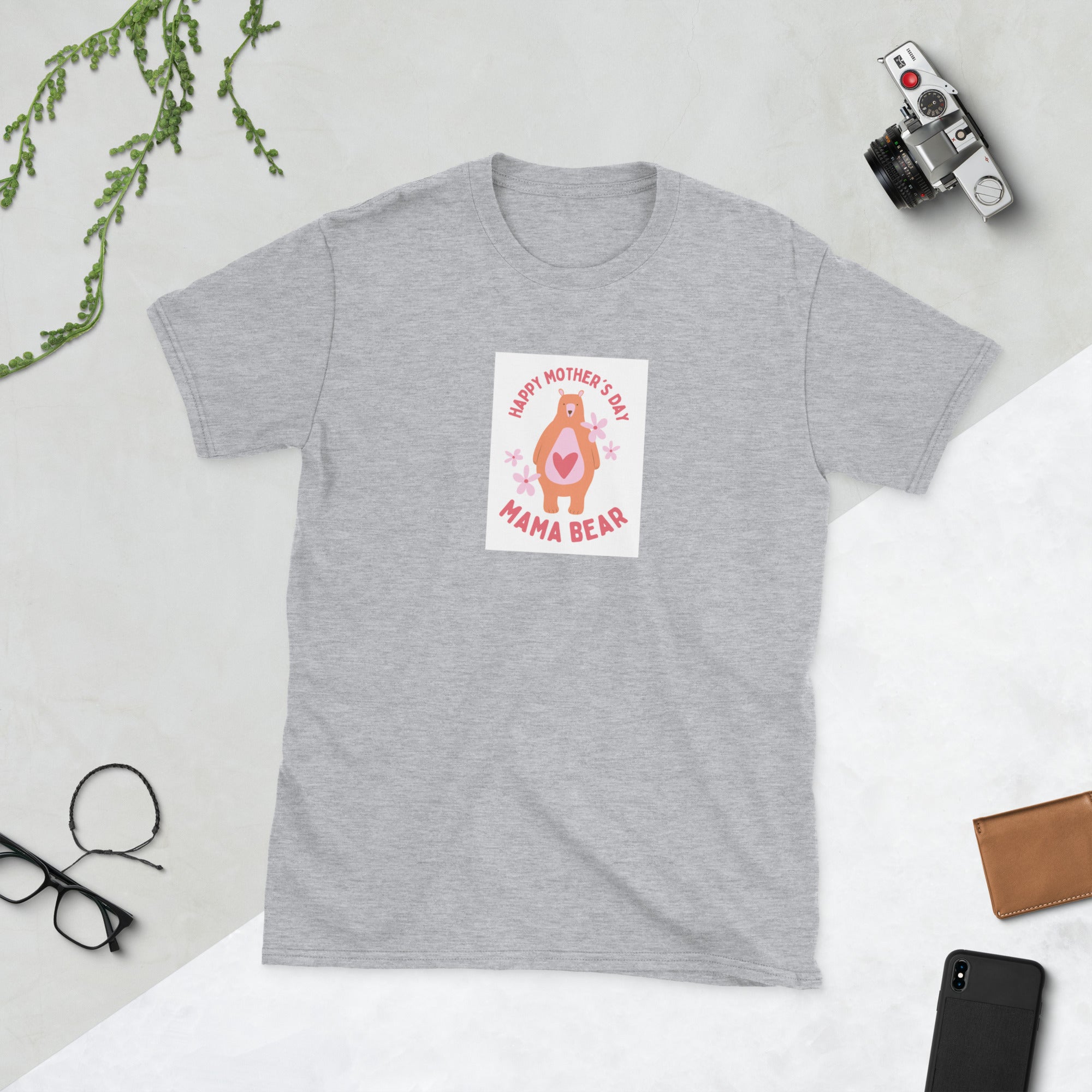 Heather gray unisex short-sleeve T-shirt with “Happy Mother’s Day” Mama Bear graphic