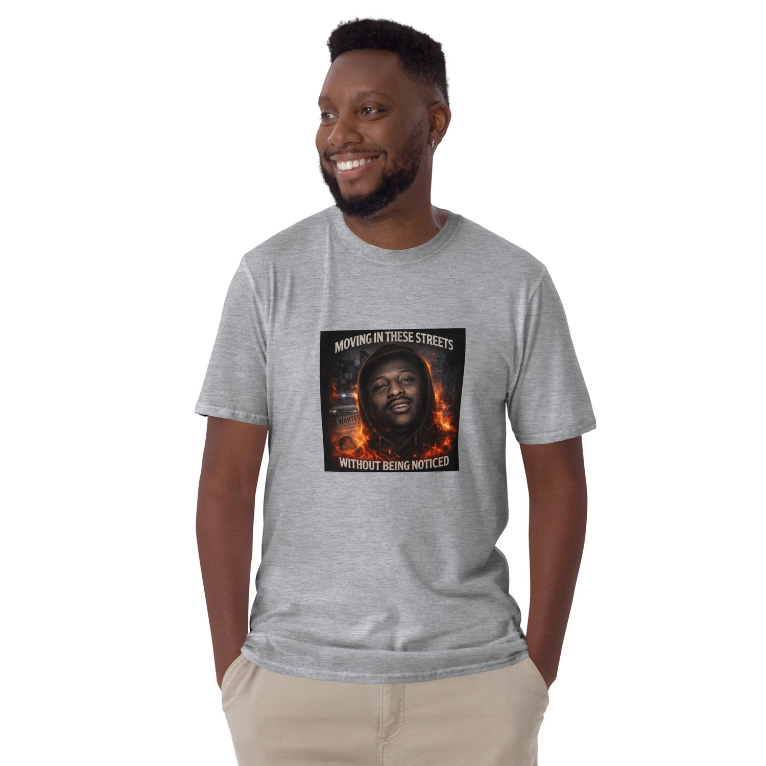 Grau meliertes Unisex-T-Shirt mit Rundhalsausschnitt und quadratischem Frontprint