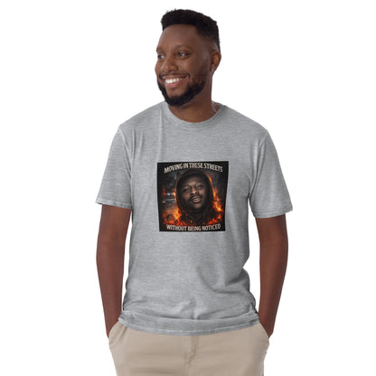 Grau meliertes Unisex-T-Shirt mit Rundhalsausschnitt und quadratischem Frontprint
