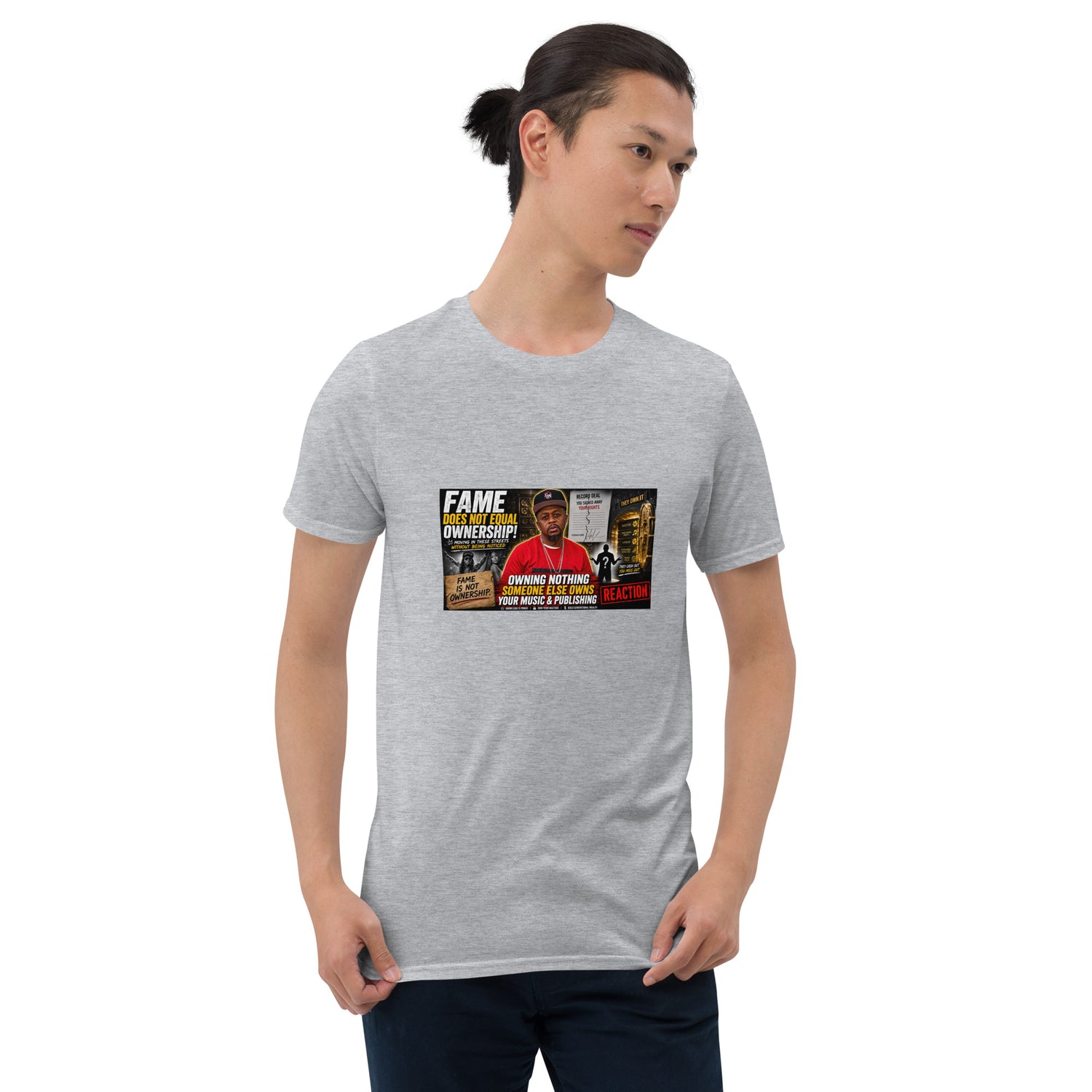 Heather gray unisex short-sleeve T-shirt with front rectangular graphic print.