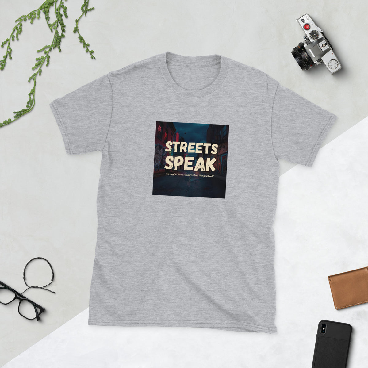 Heather gray graphic crewneck T-shirt with square “STREETS SPEAK” logo