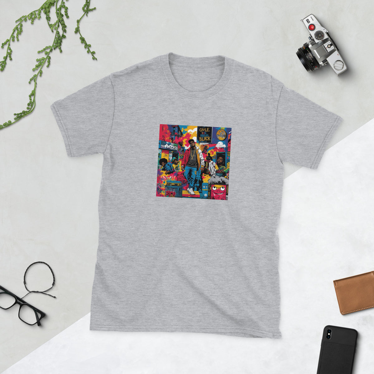 Heather grey graphic tee with colorful front chest print