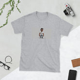 Heather grey unisex graphic T-shirt with small rectangular portrait print on front